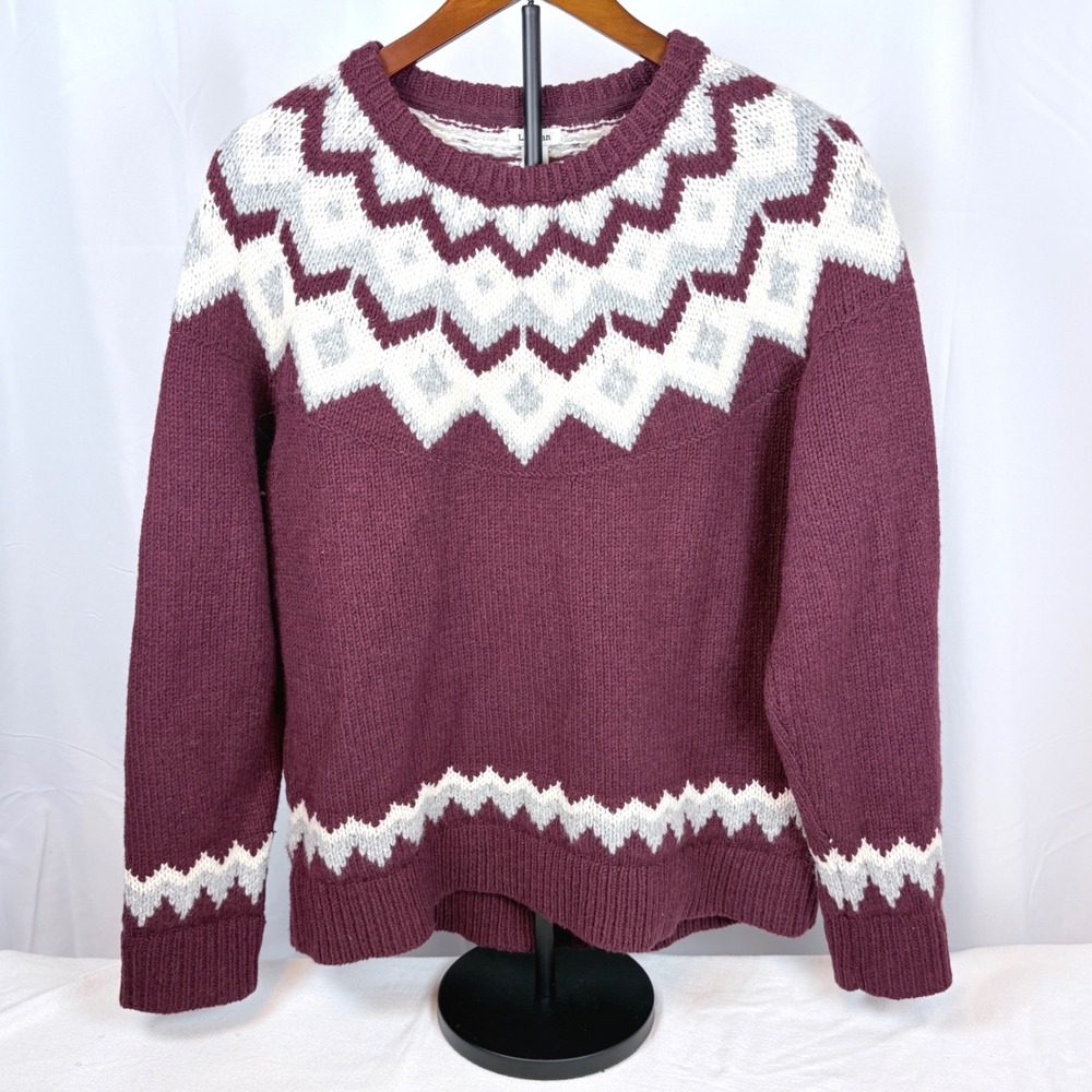 Vtg LL Bean Burgandy Lambswool Fair Isle Nordic Shetland Sweater Womens Large